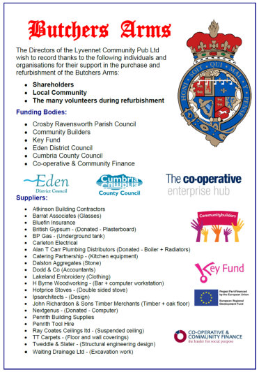 We are grateful for these supporters of The Butchers Arms